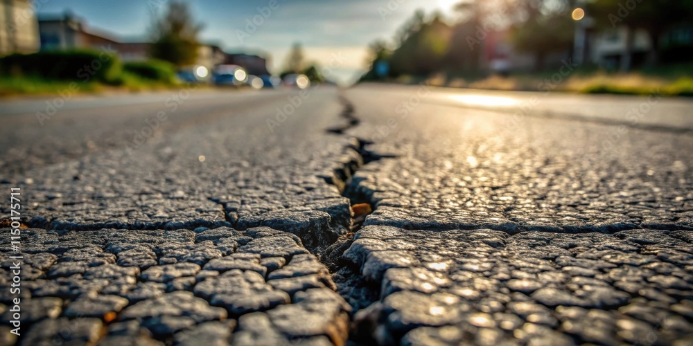 Poster close-up view of a cracked asphalt road surface at sunset, showing texture and depth of field