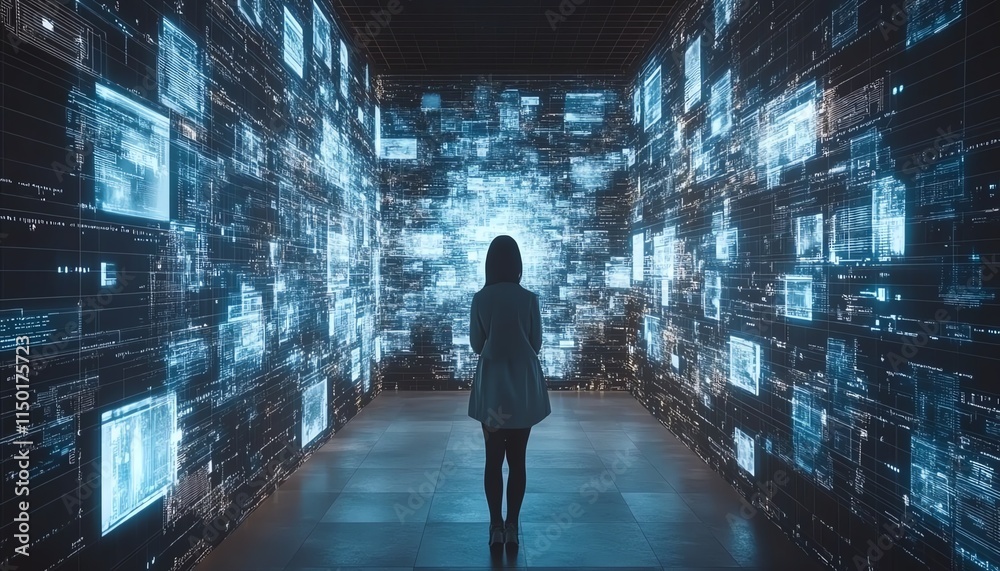 Poster advanced virtual interfaces within a digital network, continuous data exchange, representing technol