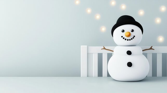 Soft plush snowman sitting next to a babys crib, twinkling Christmas lights and gentle holiday decor for a peaceful scene