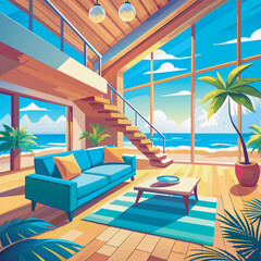 A modern living room with floor-to-ceiling windows and a view of the ocean.