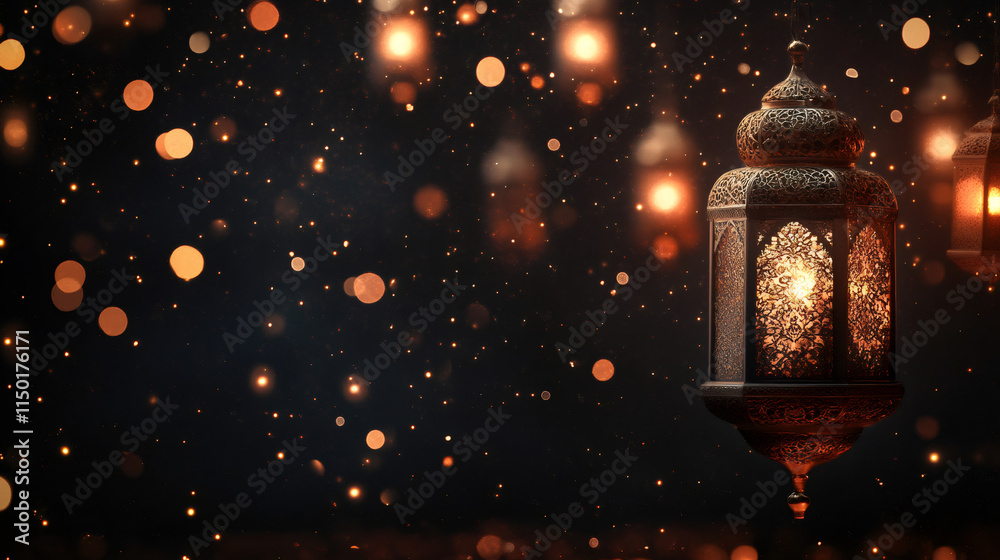 Poster luminous lantern emitting a cozy glow amid shimmering bokeh, setting a enchanting ramadan ambiance
