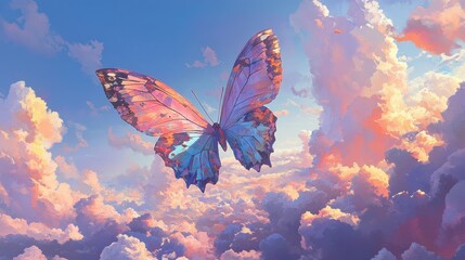 Vibrant Butterfly Soaring Amidst Colorful Clouds in a Dreamlike Sky at Sunset