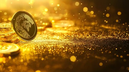 Digital currency shines brightly among golden coins in a striking display of wealth