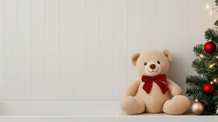 Toyfilled nursery with Christmasthemed plushies, twinkling fairy lights, and a small festive tree, cozy and playful holiday setup