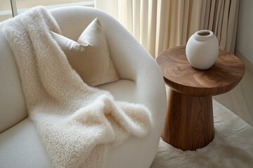A cozy cream-colored sofa with a fluffy throw, complemented by a wooden side table and a minimalist vase.