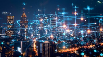 Obraz premium City skyline illuminated at night with digital network overlay