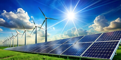 Green Energy Concept with Wind Turbines, Solar Panel, and Clear Blue Sky with Light Clouds