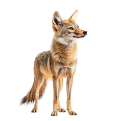 Fototapeta premium Angled view full body shot of an extremely perfect looking single Golden Jackal animal isolated on a white transparent background