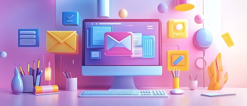 Digital marketing concept with computer, email, content creation icons, and online strategies, lifelike and professional design showcasing modern marketing techniques