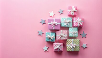 Pastel presents arranged with stars on pink background