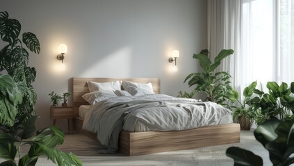 A peaceful minimalist bedroom 3D render with a wooden bed, white-grey color theme, wall lamps
