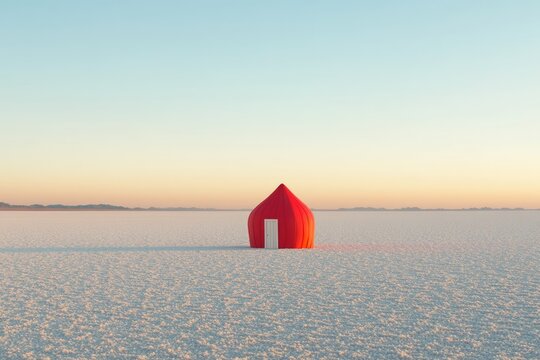 A solitary red house stands on a vast, white salt flat under a serene sunset sky.