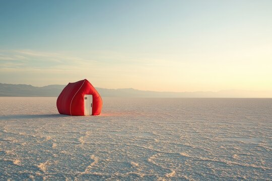 A red heart-shaped house stands alone on a vast, flat salt flat under a clear sky.