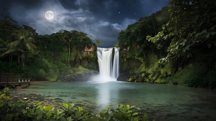 Fototapeta premium waterfall in the forest cloudy sky at night
