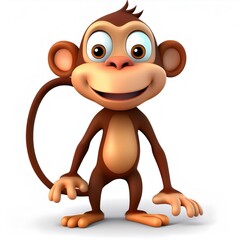 3D cartoon monkey standing and smiling, isolated on white background with full depth of field