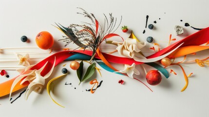 A creative arrangement of creative arrangement on white, blending objects with contrasting colors for artistic flair,
