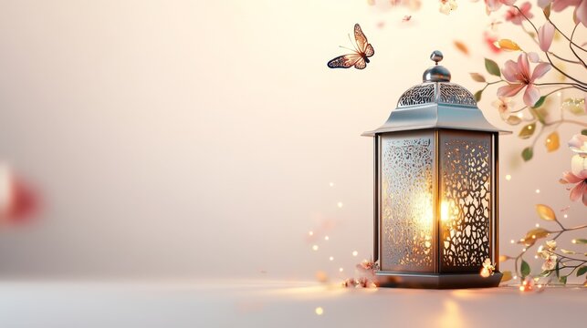 Celebration of islamic eid mubarak and eid al adha lantern in a light background, with copy space