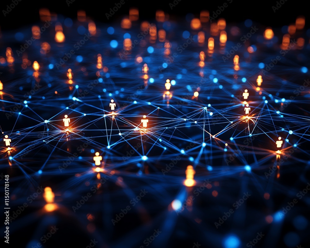 Poster digital network with various virtual interfaces and data exchange, representing technology and commu