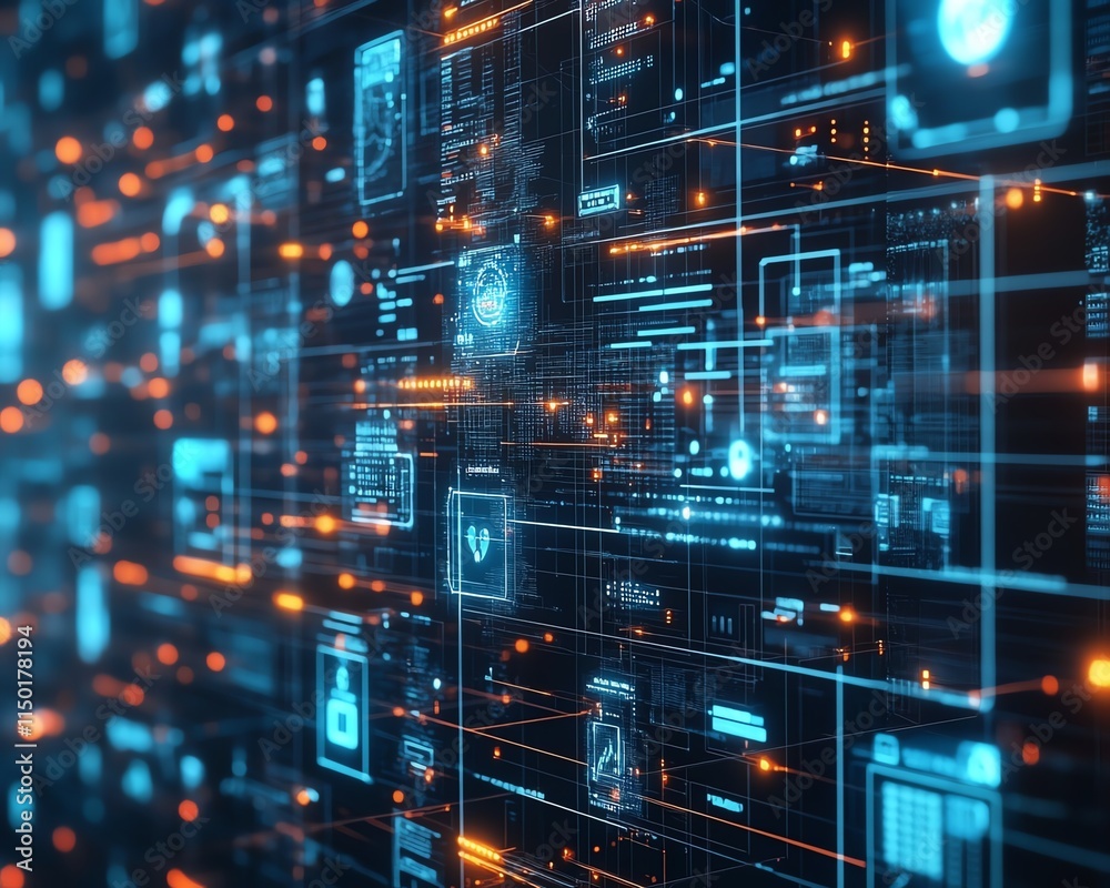 Poster digital network with various virtual interfaces and data exchange, representing technology and commu