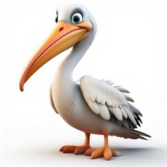Obraz premium Cartoon pelican standing confidently, sporting bright colors and cheerful demeanor against pristine white background