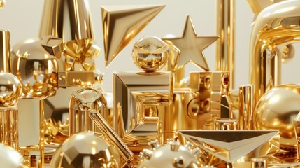 A creative display of gold symbols, with shiny golden objects forming iconic shapes,