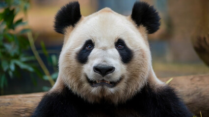 Obraz premium A detailed portrait of a panda, focusing on its expressive eyes framed by distinctive black-and-white markings.