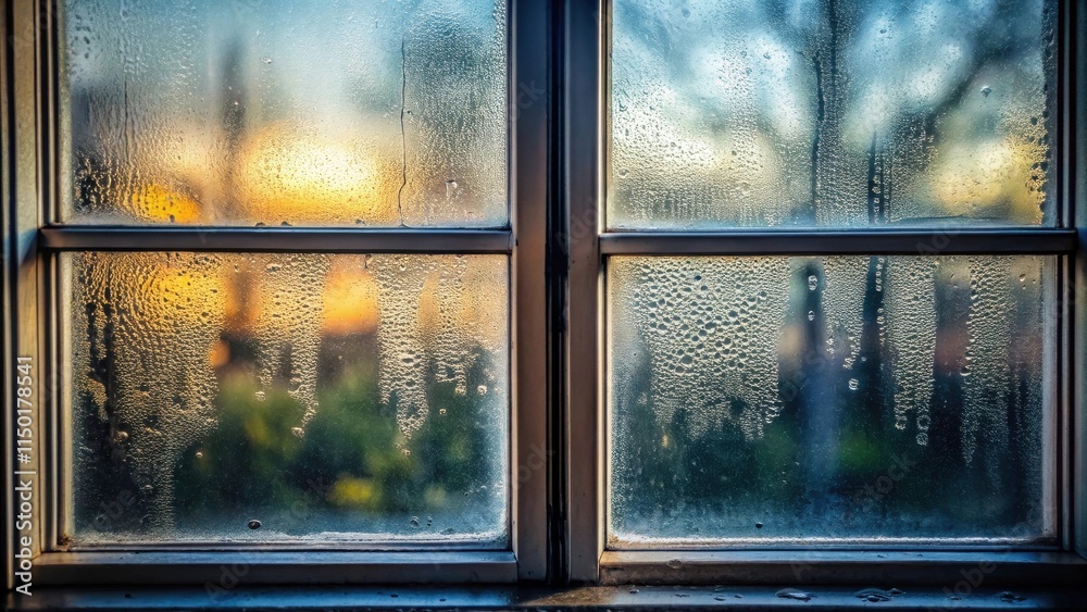 Poster A double-paned window displays condensation patterns during a sunset, creating an evocative and atmospheric scene.