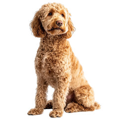 Fototapeta premium Angled view full body shot of an extremely perfect looking single Goldendoodle animal isolated on a white transparent background