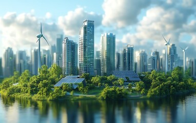Fototapeta premium Ecofriendly city with solar panels, wind turbines, and green spaces, representing sustainable urban living and renewable energy, lifelike and futuristic atmosphere