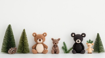 Naklejka premium Winter woodland nursery decor with plush animals, small trees, and natural garlands, soft textures creating a cozy holiday feel