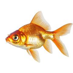 Angled view full body shot of an extremely perfect looking single Goldfish animal isolated on a white transparent background