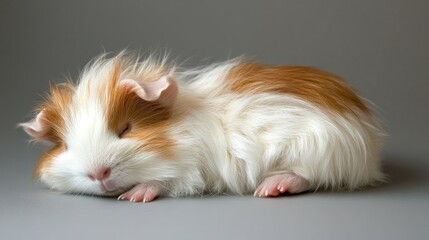 A sleeping guinea pig with fluffy fur, resting peacefully on a smooth surface.