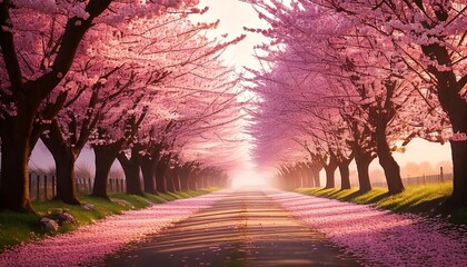 Dreamy Path Lined with Blooming Cherry Blossom Trees in Soft Pink Tones with Scattered Petals
