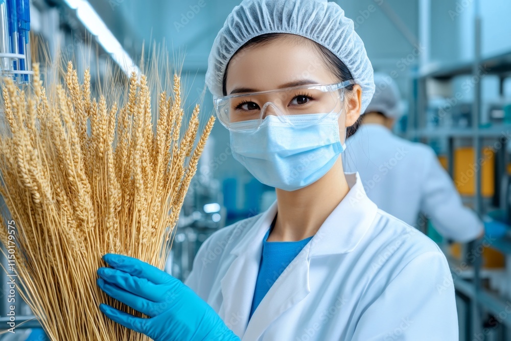 Aufkleber A digital screen displaying the genetic sequence of a modified crop, while a scientist in the background examines test tubes