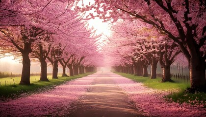 Dreamy Path Lined with Blooming Cherry Blossom Trees in Soft Pink Tones with Scattered Petals