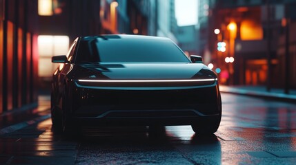 A sleek, modern electric car parked on a wet urban street at dusk.