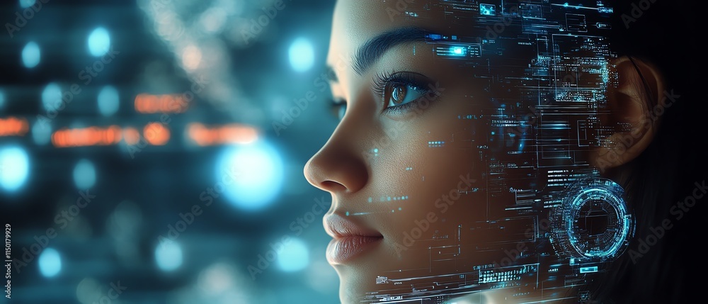 Poster hightech digital network with virtual interfaces and continuous data exchange, representing communic