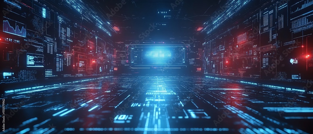 Poster hightech digital network with virtual interfaces and continuous data exchange, representing communic