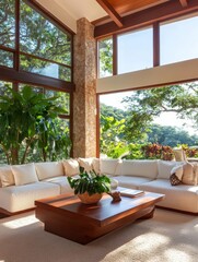 Obraz premium Coastal Living Room Artistic Design View - Serene coastal living room, sunlight streams through large windows, showcasing a stylish sectional sofa, wooden coffee table, and lush greenery, embodying re