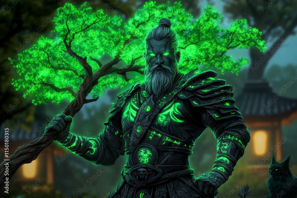 Poster a divine guardian protecting a sacred tree, glowing with an ethereal green light, with mystical crea