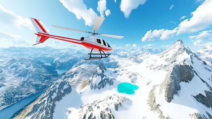 Red and White Helicopter Flying Over Snowy Mountains