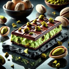 Chocolate bar with pistachio filling and pistachio nuts served on black stone plate