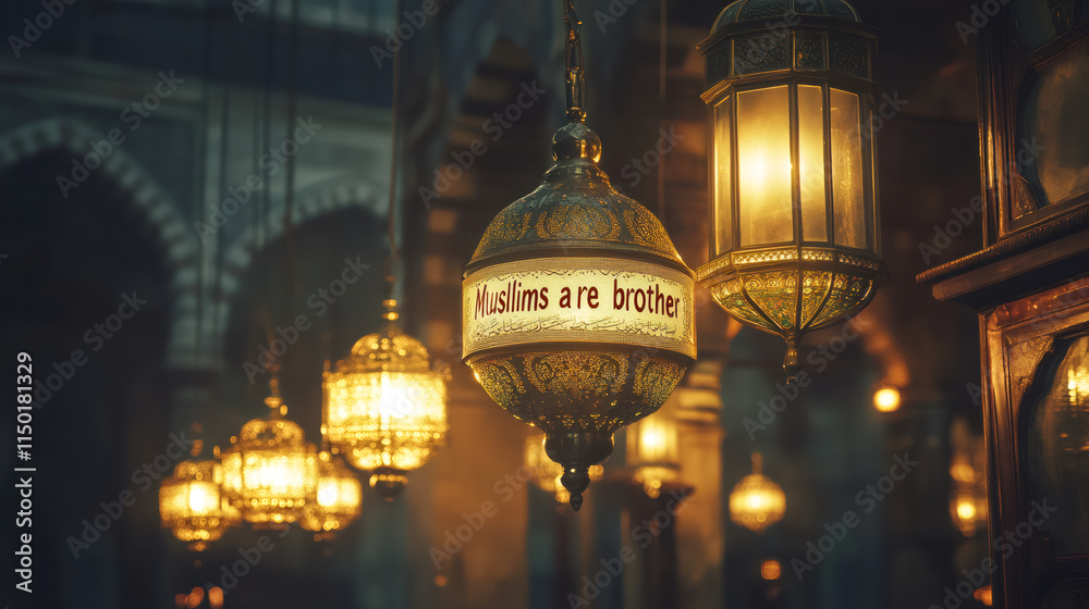 Poster elegant lanterns with the message muslims are brothers hanging in a mosque, reflecting unity and bro
