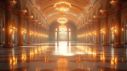 Obraz premium Grand palace hall, golden columns, chandeliers.