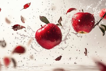 Two red apples splashing in water with falling leaves, creating a vibrant, refreshing scene.