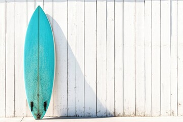 Teal surfboard leans against a white wooden wall, casting a shadow.