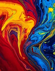Mesmerizing Swirl of Liquid Paint in Vibrant Red, Blue, and Yellow Colors