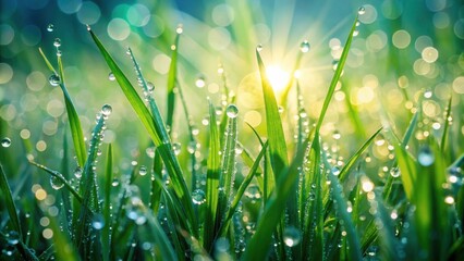 Fototapeta premium Morning Dew on Vibrant Green Blades of Grass, Illuminated by the Warm Glow of the Rising Sun