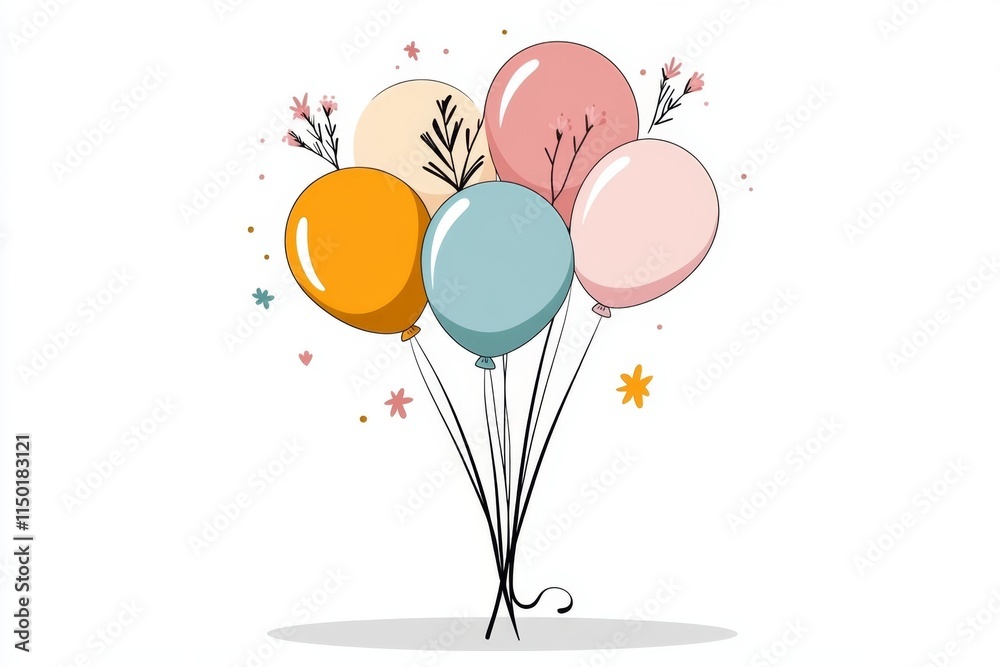 Poster a flat design of a glittery balloon, radiating sparkles, with a simple string trailing down, drawn i