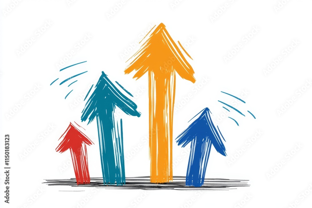 Poster a flat design of a forex graph with upward-moving arrows, drawn in clean, colorful lines on a white 